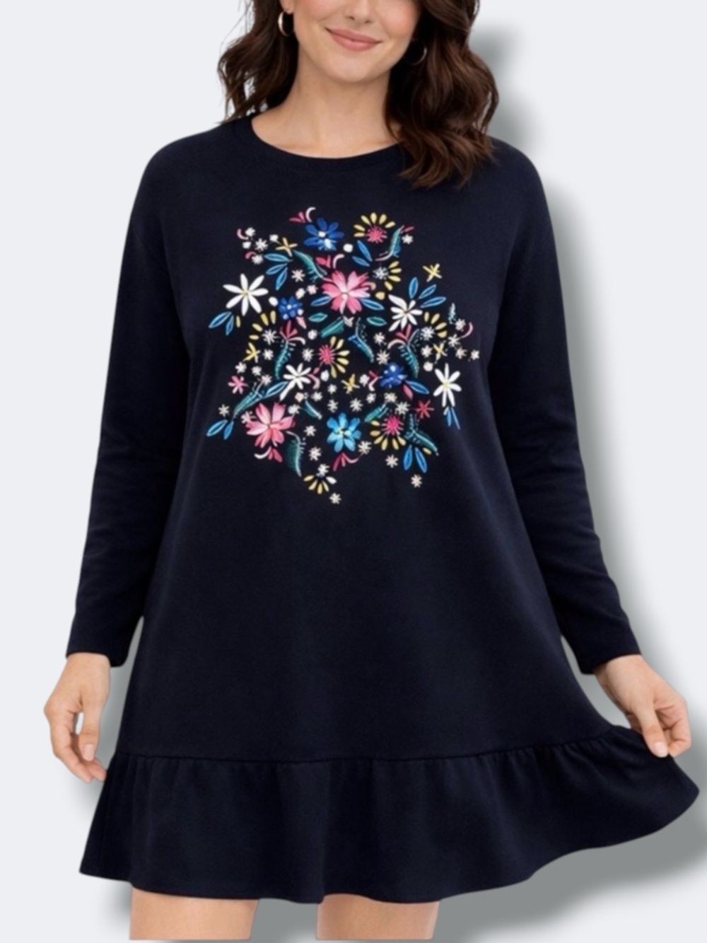 Zara Floral Embroidered Shift Dress Women Small Black Ruffle Hem Casual
